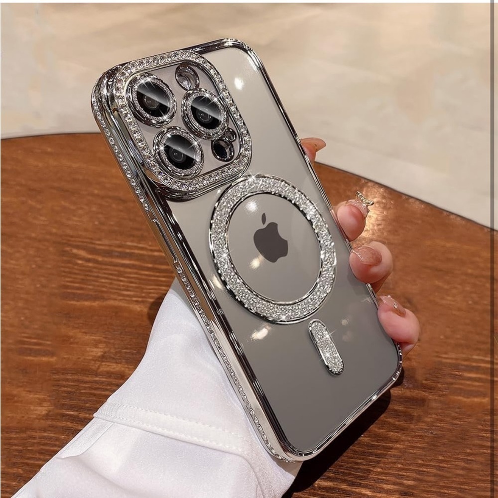 CLEAR SILVER RHINESTONE BLING IPHONE 15PRO PHONECASE WITH KICKSTAND - Picture 9 of 14